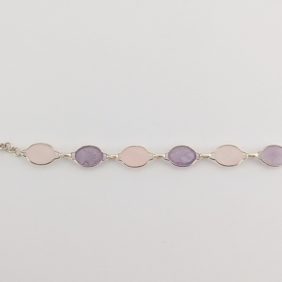 Vintage '90s Amethyst & Rose Quartz Cabochon Linked Sterling Silver Bracelet - Picture 9 of 15